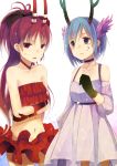  antlers bad_id bare_shoulders blue_eyes blue_hair c_(control) c_the_money_of_soul_and_possibility_control choker collarbone cosplay gloves horns jing_hu long_hair mahou_shoujo_madoka_magica mashu mashu_(control) mashu_(control)_(cosplay) mashu_(cosplay) midriff miki_sayaka multiple_girls navel ponytail q_(control) q_(control)_(cosplay) red_eyes red_hair redhead sakura_kyouko short_hair sweatdrop tubetop 