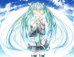  aqua_hair bare_shoulders blush closed_eyes cloud clouds detached_sleeves eyes_closed hatsune_miku headset long_hair necktie skirt sky smile solo sugiyuu thigh-highs thighhighs twintails vocaloid zettai_ryouiki 