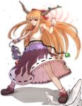 armpits bad_id bare_shoulders bottle bow chain chains clenched_hands clenched_teeth dress fighting_stance gourd grin ground_shatter hair_bow horn_ribbon horns ibuki_suika long_hair magic minazuki_randoseru multicolored_dress orange_hair oudanhodou outstretched_arm purple_dress raised_fist red_eyes ribbon sake skirt sleeveless sleeveless_shirt smile solo standing touhou upskirt white_dress 