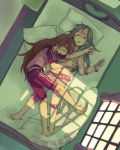  barefoot bed feet futon green_hair hand_holding hands holding_hands houjou_hibiki lying minamino_kanade multiple_girls orange_hair pajamas pillow precure sleeping suite_precure sweat takishima_asaka track_suit window_shade 