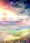  cloud clouds flower flower_field garyljq highres lake landscape lens_flare mountain no_humans original scenery sky star sun sunset water 