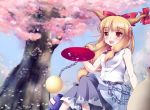  belt bow chain chains cherry_blossoms dress drinking gourd hair_bow horn_ribbon horns ibuki_suika long_hair orange_eyes orange_hair petals ponytail ribbon sakazuki sake sangoruri sitting sleeveless smile solo touhou tree very_long_hair 