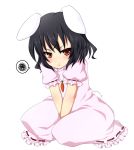  :t angry animal_ears annoyed black_hair blush bunny_ears bunny_tail carrot dress highres inaba_tewi jewelry necklace pendant pink_dress pout pouting red_eyes short_hair simple_background sitting solo squiggle tail touhou v_arms yami_nabe 