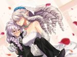  blush braid breasts carrying dress drill_hair formal fur gloves hair_over_one_eye jewelry large_breasts long_hair multiple_girls mutual_yuri necklace necktie pant_suit paws pearl_necklace petals pixiv_fantasia pixiv_fantasia_5 pointy_ears princess_carry red_eyes ringlets silver_hair smile suit sumith veil wedding_dress yellow_eyes yuri 