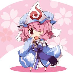  blue_dress blush chibi dress fan hat long_sleeves open_mouth pink_eyes pink_hair ribbon saigyouji_yuyuko shirogane shirogane_(platinum) short_hair smile solo touhou wink 