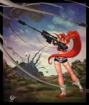  anti-materiel_rifle bikini_top brahma_bone debris destruction explosion fingerless_gloves gloves gun hair_ornament highres long_hair ponytail red_hair redhead rifle scarf short_shorts shorts smoke sniper_rifle tengen_toppa_gurren_lagann thigh-highs thighhighs watermark weapon yoko_littner 