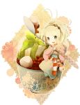  ao_no_exorcist blonde_hair blush chibi cup food green_eyes hair_ornament hairband ice_cream japanese_clothes kimono leaf moriyama_shiemi open_mouth scarf short_hair sitting smile solo spoon transparent_background 