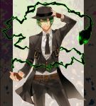  blazblue fedora fingerless_gloves formal gloves green_hair grin hat hazama kuroneko_(la-pi-s) male necktie smile solo suit wink 