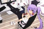  auer bare_shoulders bed black_legwear chair computer_keyboard computer_mouse contemporary cup feet_on_table hair_tubes headphones highres long_hair looking_back mecha_to_identify meimu monster_hunter monster_hunter_portable_3rd mug original playing_games playstation_portable psp purple_hair red_eyes side_ponytail slippers solo tablet thigh-highs thighhighs touhou zettai_ryouiki 
