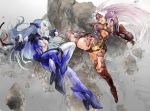  battle blue_hair cleavage_cutout cyborg damaged graphite_(medium) head_mounted_display kicking kos-mos koukaku long_hair mixed_media red_eyes t-elos traditional_media white_hair xenosaga xenosaga_episode_iii 