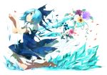  bad_id bare_legs barefoot blue_eyes blue_hair bow cirno dress flower hair_bow hirasaka_(okome13) ice kneeling open_hands petals short_hair simple_background solo torn_clothes touhou wings 