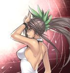 alternate_costume arm_up back bare_back bare_shoulders black_hair bow breasts brown_hair bust hair_bow houtengeki large_breasts long_hair ponytail profile red_eyes reiuji_utsuho simple_background sketch solo touhou 