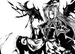  acryl bow capelet crescent crescent_moon ghost hat long_hair mima monochrome moon simple_background solo staff star touhou touhou_(pc-98) wings wizard_hat 