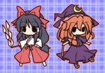  bow braid broom chibi fushigi_ebi gohei hair_bow hair_tubes hakurei_reimu hakurei_reimu_(pc-98) hat japanese_clothes kirisame_marisa kirisame_marisa_(pc-98) long_hair red_hair redhead touhou touhou_(pc-98) witch witch_hat 