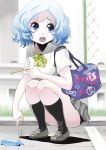  :o bag blue_hair gradient_hair heart heart-shaped_pupils kneehighs loafers multicolored_hair open_mouth original pleated_skirt pointing popsicle popsicle_stick school_bag school_uniform shoes short_hair skirt solo squatting symbol-shaped_pupils towashibuki white_hair 