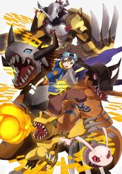  armor brown_eyes brown_hair claws digimon digimon_adventure fire gloves goggles greymon hajime_(hajime-ill-1st) helmet koromon metalgreymon multiple_persona wargreymon yagami_taichi 