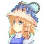  ao_usagi blonde_hair blue_dress blue_hair cosplay dress grey_eyes hair_ribbon hat looking_up lowres moriya_suwako multiple_girls pyonta red_eyes ribbon shide shimenawa shirt smile touhou yasaka_kanako yasaka_kanako_(cosplay) yukkuri_shiteitte_ne 