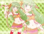  argyle argyle_background character_name doily feena grandia grandia_i green_background green_eyes green_hair hair_ornament hair_tubes jewelry kapitann long_hair low-tied_long_hair midriff navel necklace smile solo thigh-highs thighhighs torn_clothes whip wide_sleeves zoom_layer 