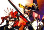 blazblue blazblue_phase_0 bloodedge breasts celica_a_mercury erect_nipples hair_over_one_eye hat highres huge_weapon jubei_(blazblue) konoe_a_mercury mouth_hold nine_(blazblue) pink_hair pleated_skirt ponytail prehensile_tail ragna_the_bloodedge skirt sword weapon witch_hat yellow_eyes young