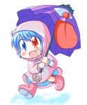  blue_dress blue_eyes blue_hair blush chibi dress geetsu geta heterochromia karakasa_obake long_tongue open_mouth raincoat red_eyes rubber_boots running short_hair smile solo tatara_kogasa tongue tongue_out touhou umbrella walking 