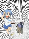  blue_eyes blue_hair hair_cubes hair_ornament hat highres naganohara_mio nichijou open_mouth panic panicking running school_bag school_uniform short_hair short_twintails simple_background skirt swd sweatdrop twintails 