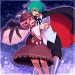  :d animal_ears antennae brown_dress cape dancing dress green_eyes green_hair hand_holding hand_on_hip hips holding_hands lgw7 multiple_girls mystia_lorelei open_mouth pink_eyes pink_hair short_hair shorts smile thigh-highs thighhighs touhou wings wriggle_nightbug 