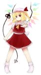  absurdres ascot bad_id blonde_hair bobby_socks flandre_scarlet footwear hat highres laevatein mika_(moc828) oota_jun'ya_(style) parody pearl_flower red_eyes short_hair side_ponytail smile socks solo standing style_parody the_embodiment_of_scarlet_devil touhou weapon white_legwear wings 