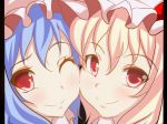  blonde_hair cheek-to-cheek cheek_to_cheek close-up face flandre_scarlet furagu hat letterboxed multiple_girls purple_hair red_eyes remilia_scarlet siblings sisters smile touhou wince 