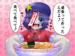  aburaage blue_eyes blue_hair bowl breasts fang fangs food geung_si hat highres jiangshi miyako_yoshika noodles ofuda open_mouth outstretched_arms pale_skin short_hair solo star touhou translated translation_request udon verta_(verlaine) 