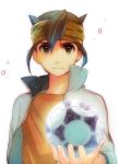  adult ball brown_eyes brown_hair endou_mamoru f-tani headband inazuma_eleven inazuma_eleven_(series) inazuma_eleven_go jacket male short_hair soccer_ball solo white_background 