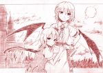  bat_wings building castle flandre_scarlet full_moon hand_on_hip hips hug looking_at_viewer monochrome moon multiple_girls no_hat no_headwear remilia_scarlet short_hair short_sleeves siblings sisters touhou traditional_media vent_arbre wings wrist_cuffs 