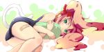  ass cat_tail female green_eyes hair_bow hair_ribbon kickboard lying on_side one-piece_swimsuit original pink_hair red_hair ribbon school_swimsuit solo swimsuit tail twintails watanabe_akio 