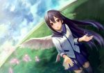  angel_wings black_hair brown_eyes cloud clouds grass hands ichiko_oharu long_hair musical_note open_hands open_mouth original skirt sky solo thigh-highs thighhighs wings 