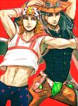  2boys blonde_hair blue_eyes green_eyes green_hair gyro_zeppeli hat horns johnny_joestar jojo_no_kimyou_na_bouken long_hair midriff multiple_boys steel_ball_run utakatauta 