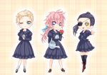  3girls black_hair blonde_hair blue_eyes dress eyepatch flower genderswap kingdom_hearts kingdom_hearts_ii kkkoyubi luxord marluxia multiple_girls pink_hair ponytail red_rose rose scar watering_can wink xigbar 