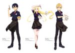  1girl 2boys absurdres alice_schuberg artist_request black_dress black_skirt chopsticks dress eugeo food highres holding holding_food kirito long_hair multiple_boys skirt sword_art_online sword_art_online_alicization 