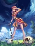  armpits bare_legs bracelet breasts cloud clouds crop_top diamond_dust dragon final_fantasy final_fantasy_xiii grass green_eyes highres jewelry long_hair midriff oerba_dia_vanille red_hair redhead sheep shoes skirt sky solo staff taut_shirt tongue wink 