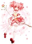  arrow blush bow bow_(weapon) dress flower hair_bow jewelry kaname_madoka koto_(colorcube) looking_at_viewer magical_girl mahou_shoujo_madoka_magica necklace open_mouth payot pink_dress pink_eyes pink_hair red_rose rose shoes smile solo twintails weapon 