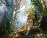  bad_id bare_legs bare_shoulders brown_hair bunny butterfly crop_top flower forest log nature open_mouth original rabbit sae_(revirth) sandals scenery scenic short_hair sitting skirt smile solo squirrel tree tree_shade 