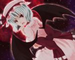  bat_wings blue_hair fang hat looking_back moon night night_sky open_mouth raayu red_eyes red_moon remilia_scarlet sky solo star_(sky) touhou wings 