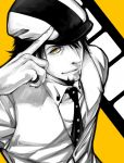  cabbie_hat facial_hair haruhikohiko hat kaburagi_t_kotetsu male monochrome necktie pointing short_hair solo stubble tiger_&amp;_bunny vest 