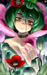  bare_shoulders breasts choker cleavage collarbone colored_eyelashes eyebrows flower frown green_hair hair_flower hair_ornament head_tilt original oso oso_(toolate) papaver_somniferum personification plant short_hair solo tears yellow_eyes 