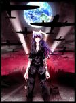  1girl airplane alternate_costume animal_ears bandages blood bunny_ears contemporary dog_tags earth highres injury maeda_kousuke purple_hair reisen_udongein_inaba sleeves_rolled_up solo touhou windowboxed 