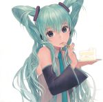  bare_shoulders cake detached_sleeves eating face food fork green_eyes green_hair hair_ornament hands hatsune_miku holding holding_fork long_hair matayoshi necktie plate solo twintails very_long_hair vocaloid 