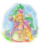  blonde_hair bud_(lom) child cloak flower green_eyes hat leaf leave legend_of_mana lisa_(lom) mihoka purple_eyes purple_hair robe seiken_densetsu toto violet_eyes 