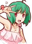  :d \m/ ahoge armpits bust dress face fang green_hair ha-ru heart jewelry macross macross_frontier necklace open_mouth ranka_lee red_eyes short_hair simple_background sketch smile solo star wristband 