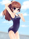  bad_id blue_eyes brown_hair chainlink_fence fujimon_izumi hairdressing long_hair mouth_hold original ponytail rubber_band school_swimsuit solo styling_hair swimsuit 