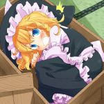  blonde_hair blue_eyes box braid fang girl_in_a_box hat in_box in_container kirisame_marisa open_mouth solo taker touhou witch_hat 