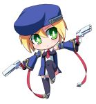  blazblue blonde_hair bolverk chibi dual_wielding green_eyes gun handgun hat necktie noel_vermillion thighhighs uniform weapon 