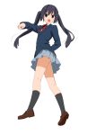  bad_id black_hair brown_eyes from_below k-on! nakano_azusa open_mouth peko pepepe school_uniform simple_background solo twintails 